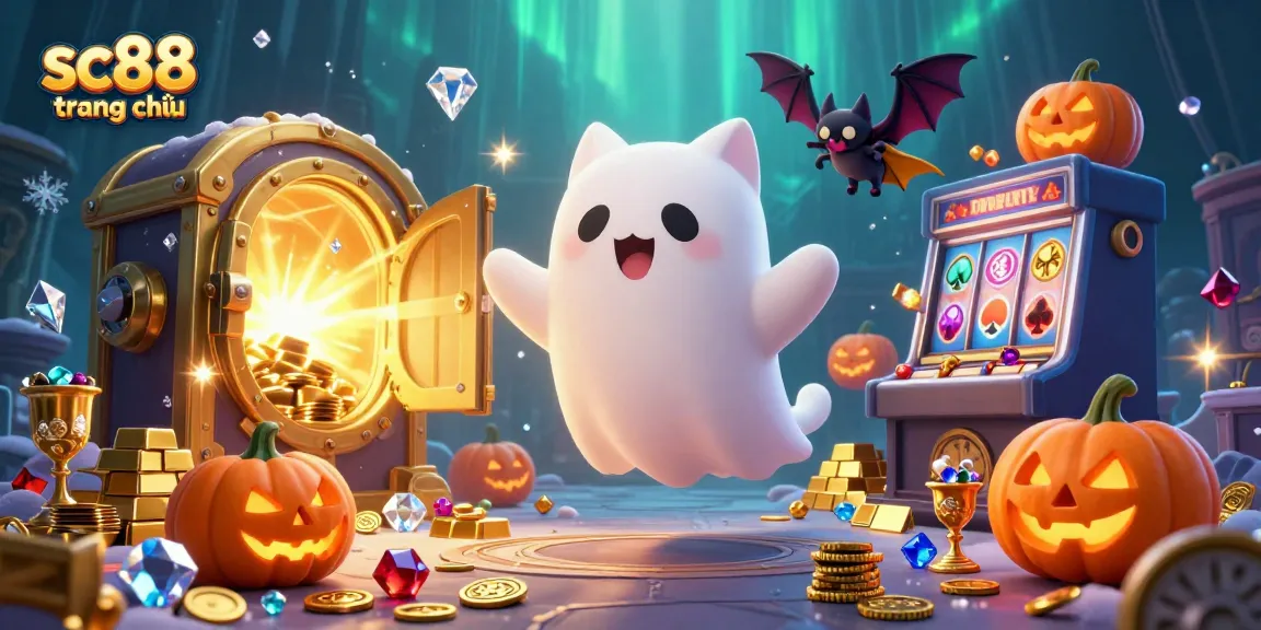 Experience thrilling gaming at sc88 trang chủ with a whimsical ghost cat and classic casino elements.
