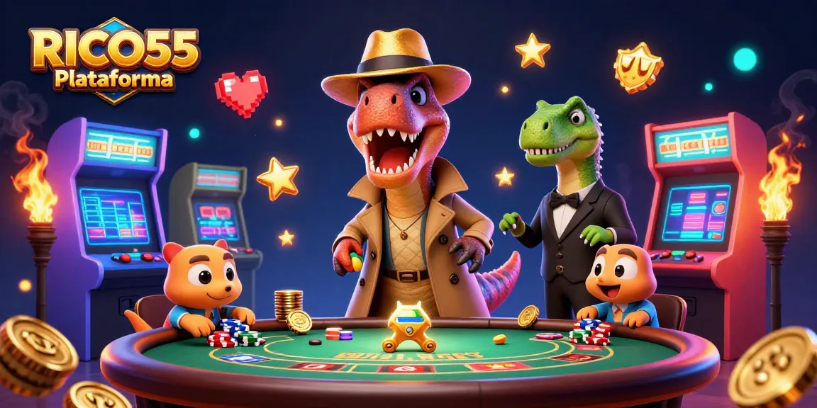Engage in thrilling games at RICO55 Plataforma with immersive 3D casino characters in a vibrant scene.