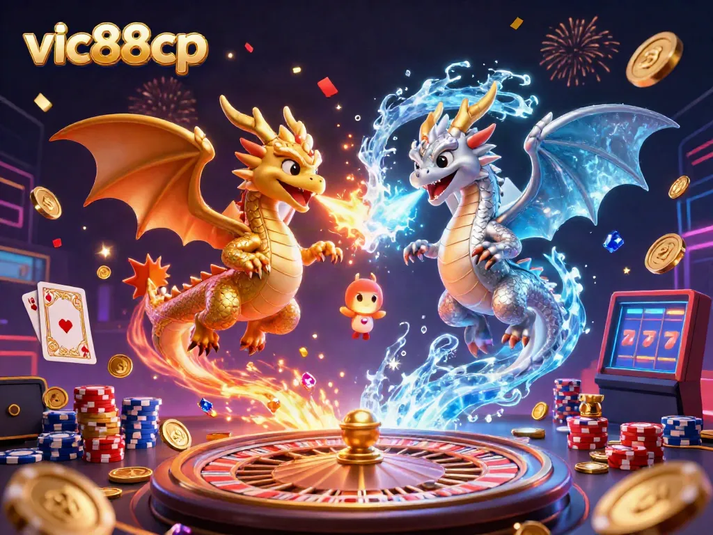 Experience thrilling gambling dynamics with vic88cp's vibrant 3D dragon scene filled with coins, cards, and festive elements.