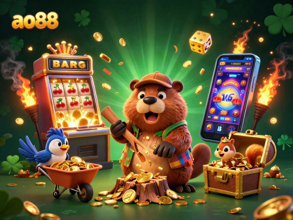 Charming 3D cartoon scene with ao88 characters celebrating jackpot wins in a vibrant casino