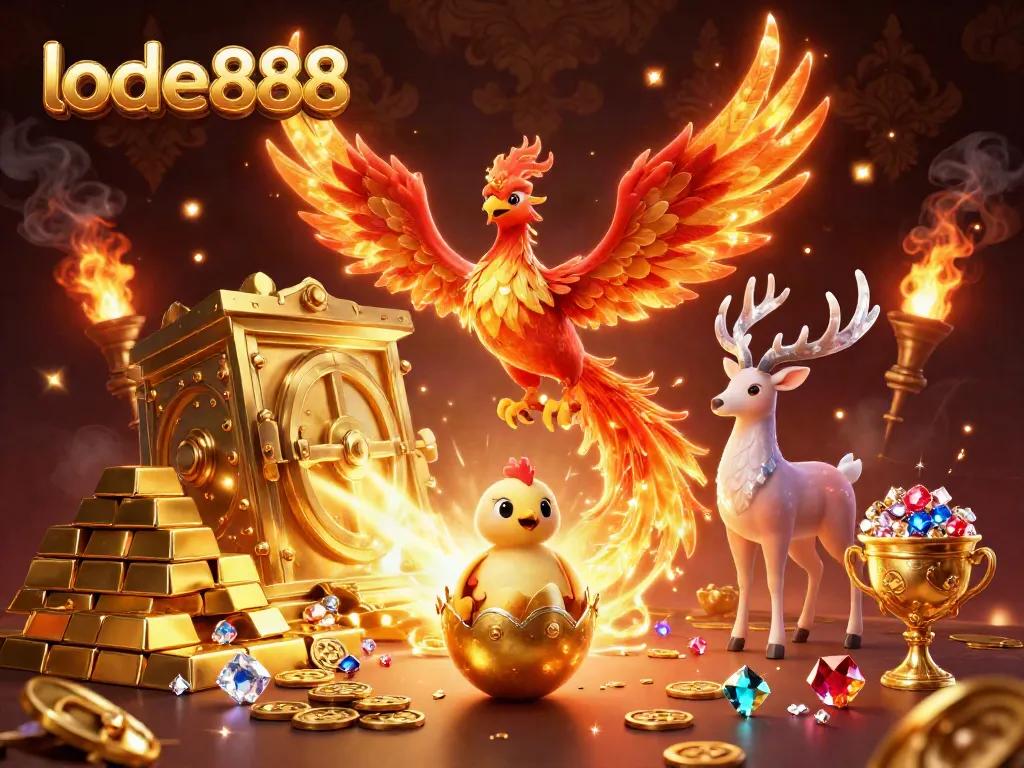 Experience vibrant gaming with lode888, featuring gold treasures and mythical creatures in a dynamic casino scene.