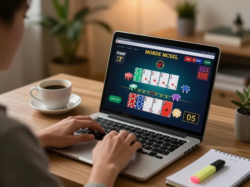 Player engaging with link kp88 on laptop for online blackjack in cozy home office setting