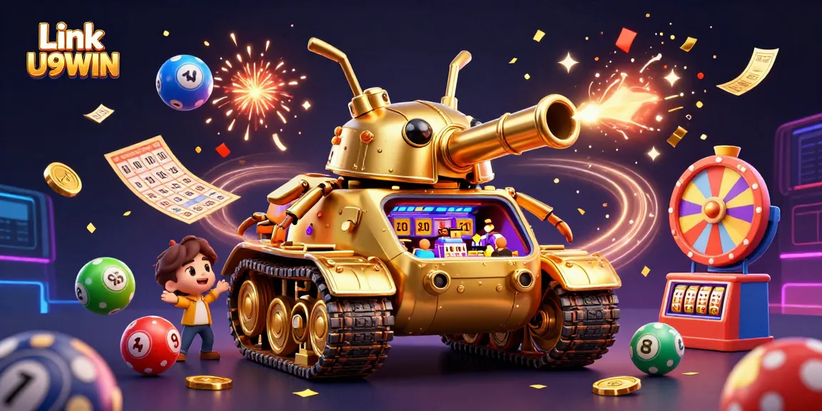 Win big with Link U9WIN at the vibrant casino scene featuring confetti and dynamic games.