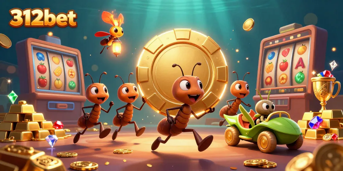 Experience the thrilling action at 312bet as animated characters transport a giant poker chip amidst dazzling casino visuals.