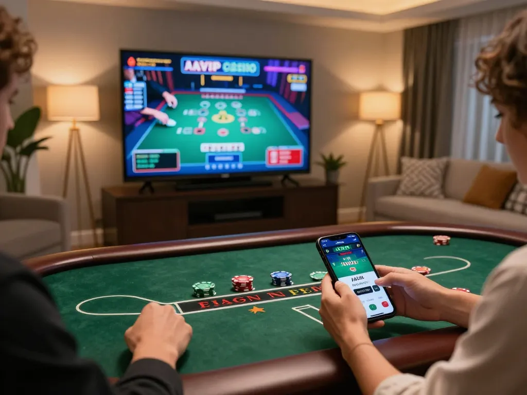 Jogadores AAVIP interagindo com jogos de dealer ao vivo em casa, mostrando a emoção do jogo online.