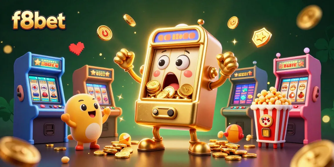 Experience the fun of f8bet with a golden slot machine hitting jackpots amid dynamic gambling elements.