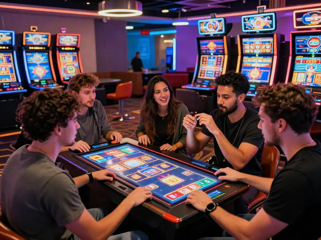 Jogadores se divertindo em um cassino online com Slot Gacor, capturando a emoção de grandes vitórias.