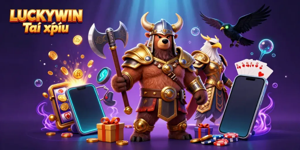 Experience epic wins at LUCKYWIN Tài xỉu with exciting gaming elements and dynamic characters interacting in a vibrant casino setting.