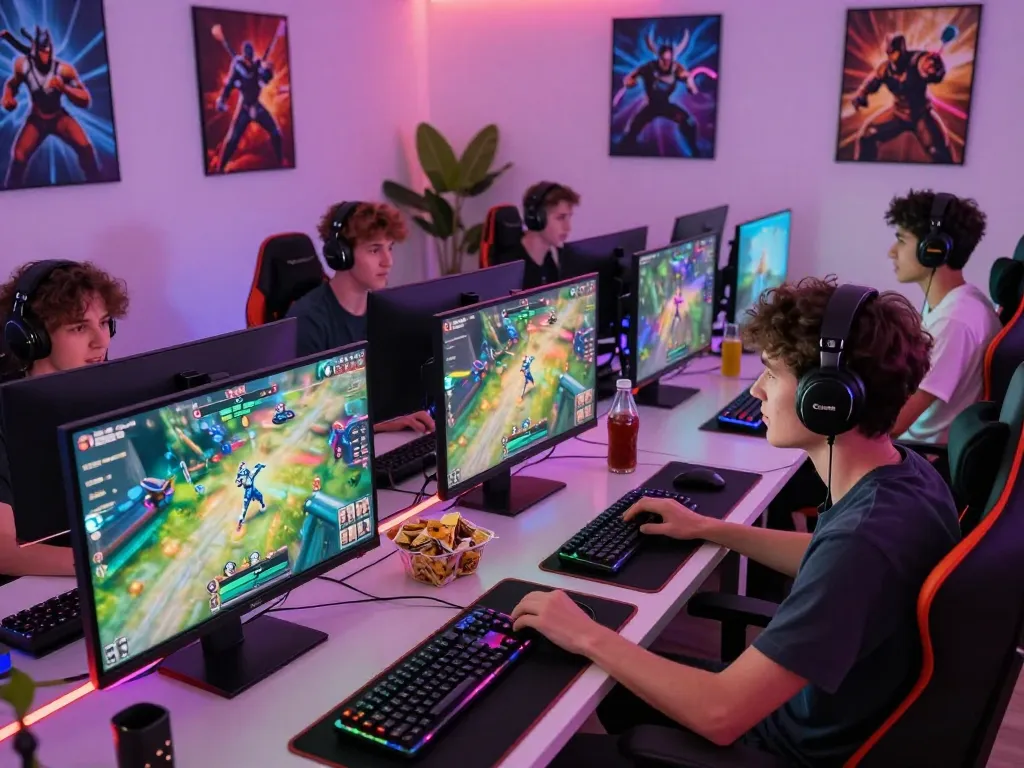 Engaging gaming scene with players at desks, showcasing TG 88 competitions in a vibrant, modern environment.