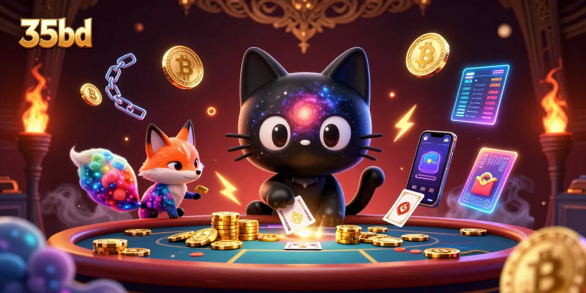 35bd casino scene showcasing a cosmic black hole cat charming players with golden chips.