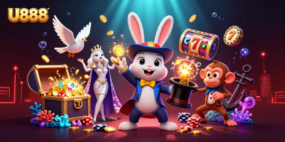 Experience the excitement of U888 with a vibrant 3D illustration featuring a magician rabbit and casino elements.