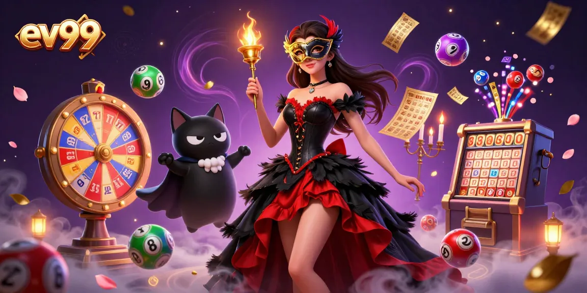 Engage in thrilling gaming at ev99, featuring a lavish casino scene with exciting lottery elements.