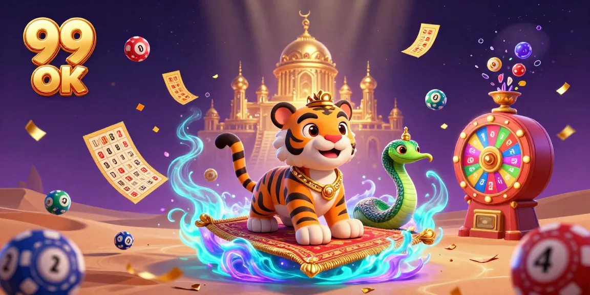 Experience the thrill of 99 OK with vibrant lottery balls and a magical sultan in a casino scene.
