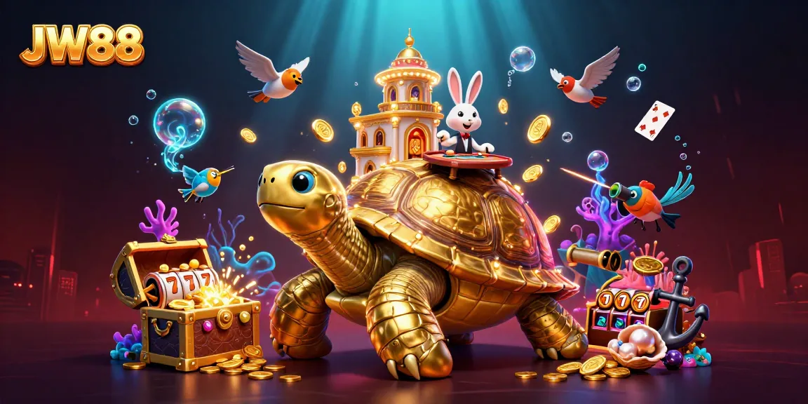 JW88 showcases an exciting casino scene with a golden tortoise, rabbit dealer, and flying coins.