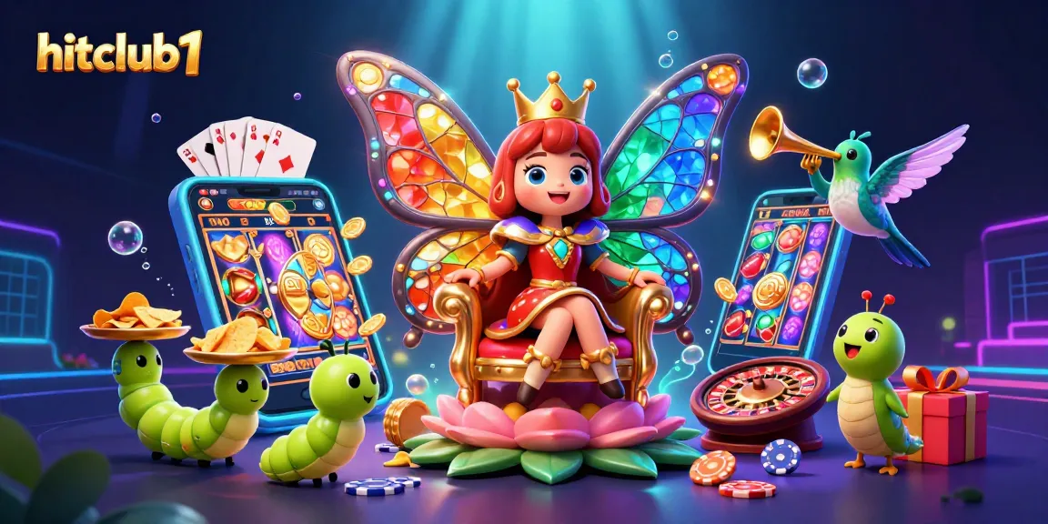Engage with hitclub1's vibrant 3D gaming culture featuring a butterfly queen amidst dynamic gambling elements.