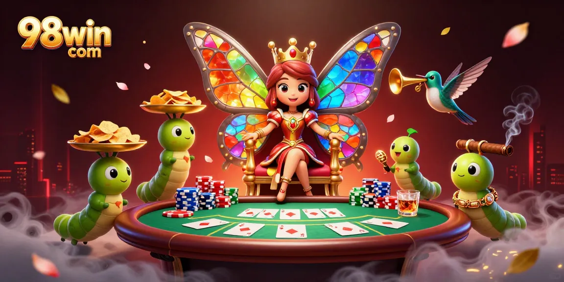 Engaging scene showcasing 98win com with a vibrant butterfly queen amidst casino elements like poker chips and cards.