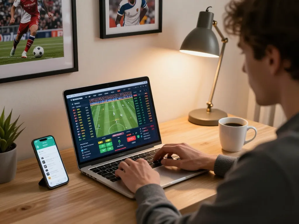 Engaged bettor utilizing link Jun88 for sports betting on a laptop in a cozy home office.