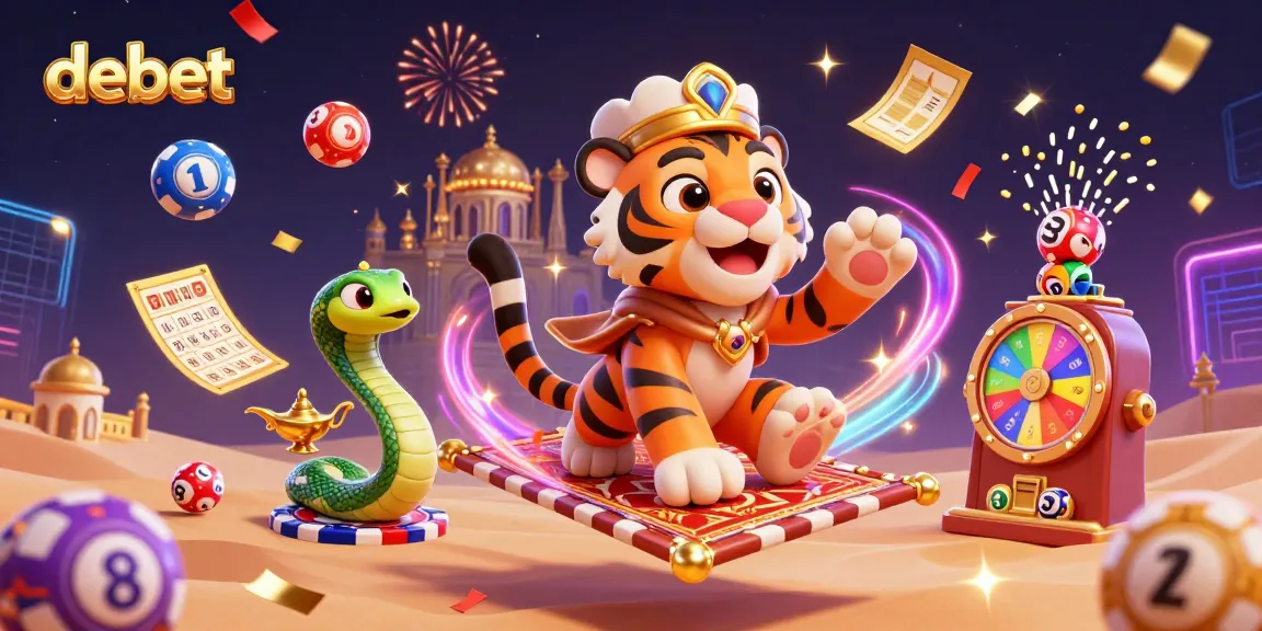 Experience the vibrant world of debet with colorful lottery symbols and rich casino elements in a dynamic scene.