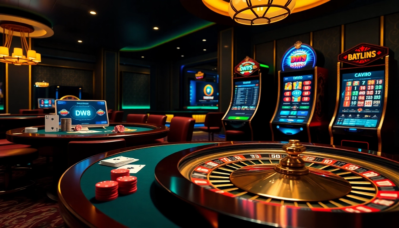Experience thrilling gaming at DW8 casino with poker chips, vibrant slots, and roulette excitement.