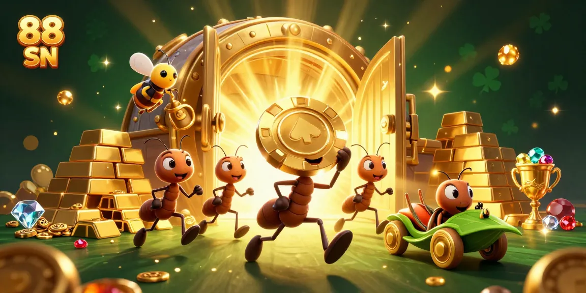 Experience thrilling excitement with 88 SN as ants steal a giant poker chip amid sparkling treasures and vibrant casino elements.