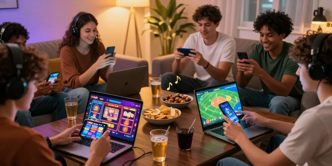 Players engaging with 79club in a lively home gaming environment, showcasing mobile and laptop gaming experiences.