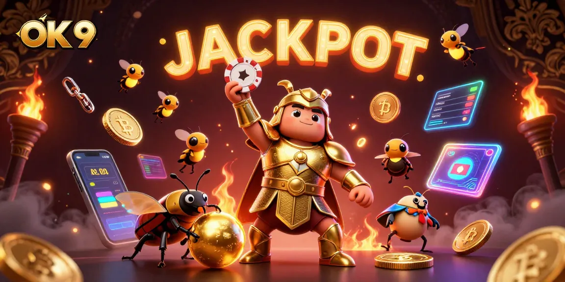 Boost your gaming with OK 9 in this vibrant casino illustration spotlighting epic winnings.