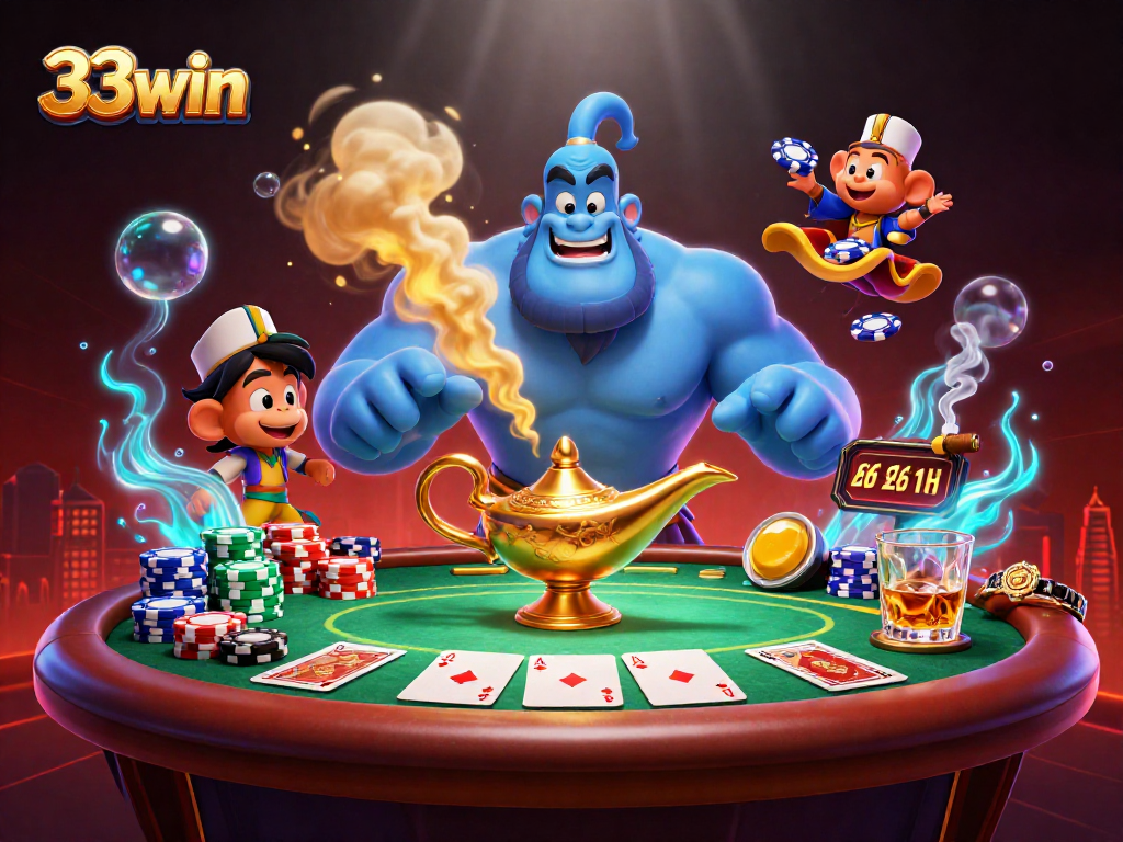 Win big with 33win at a lavish poker scene featuring magical elements and vibrant casino atmosphere.