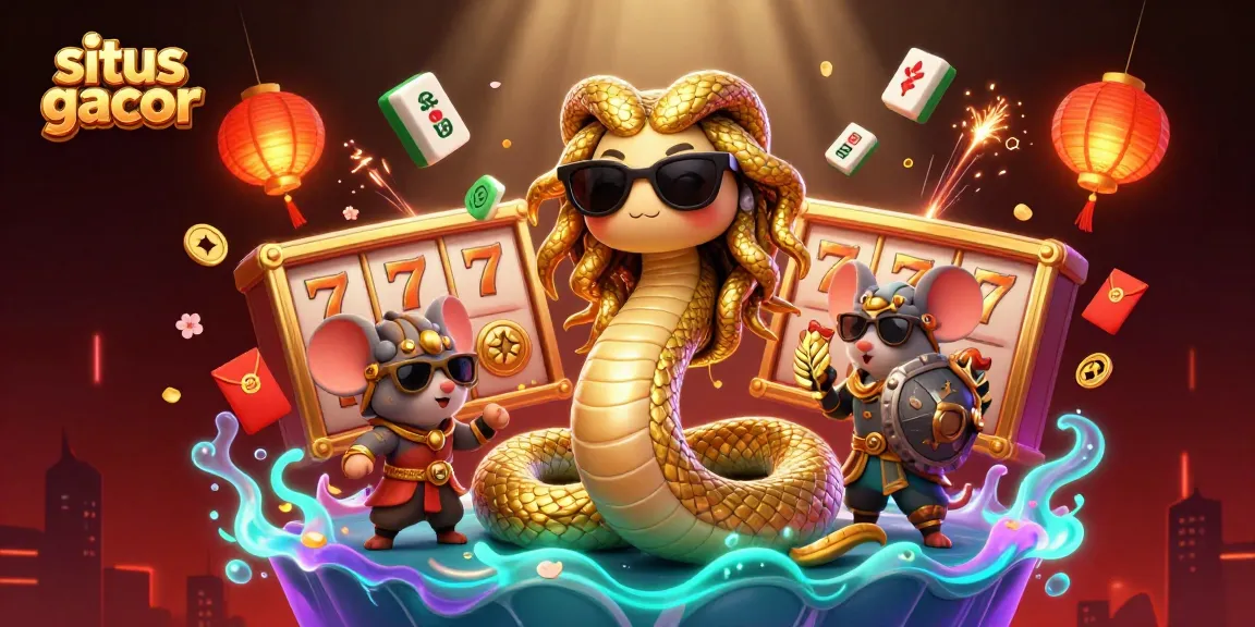 Engage with situs gacor as Medusa and a warrior mouse spin slot reels amid vibrant visual effects.
