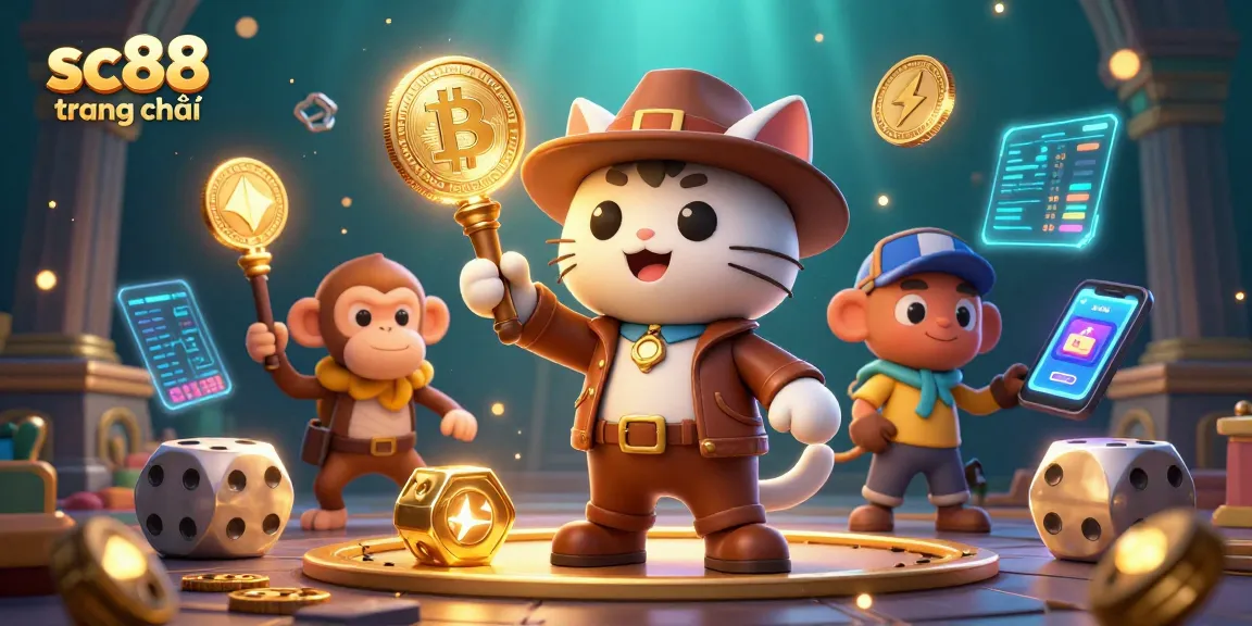Experience the thrill at sc88 trang chủ with a cartoon archaeologist cat discovering golden casino treasures.