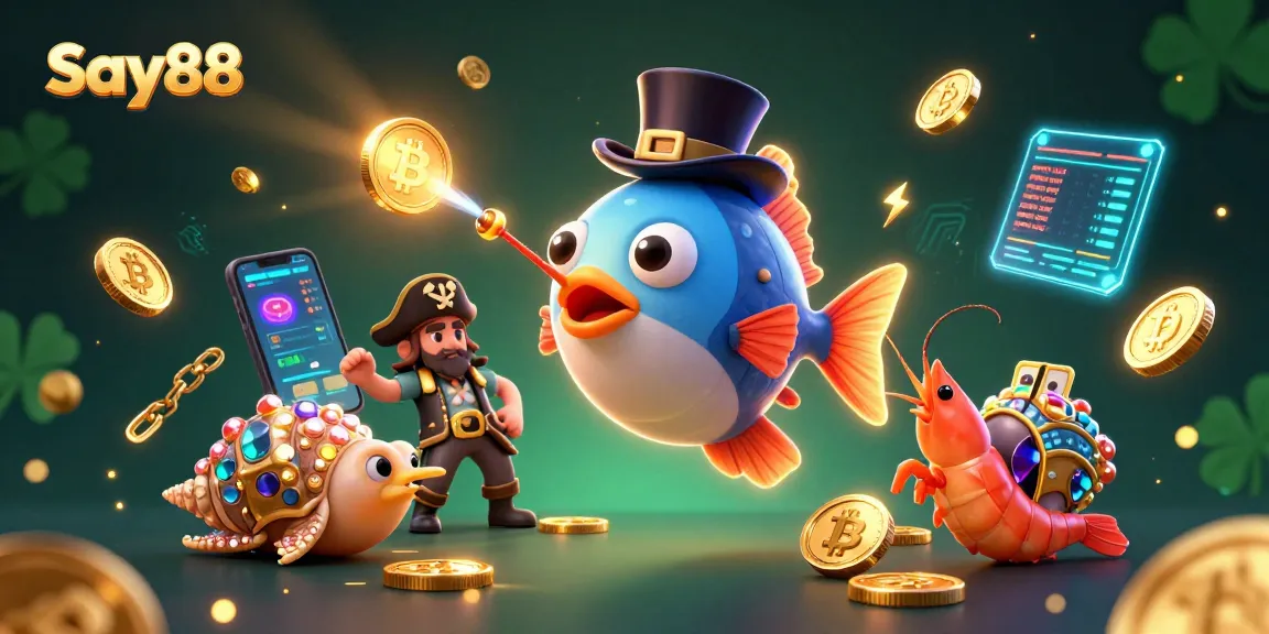 Experience the excitement at Say88 with a treasure-filled scene featuring a playful anglerfish and sparkling coins.