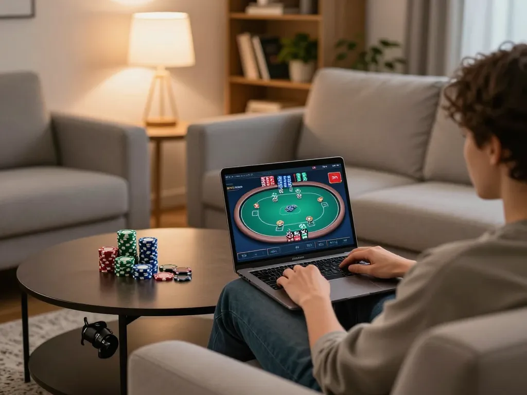 AA888 online gaming scene with player engaging in poker strategy from home.