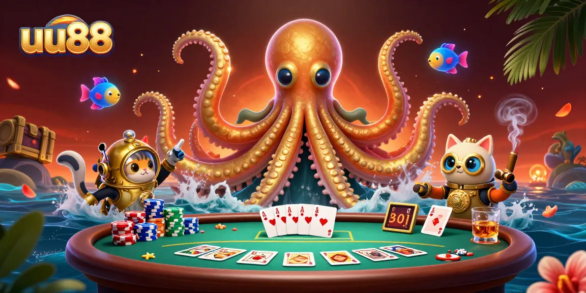 Engage with thrilling poker action as uu88's kraken and diving cat emerge from a treasure-filled sea.