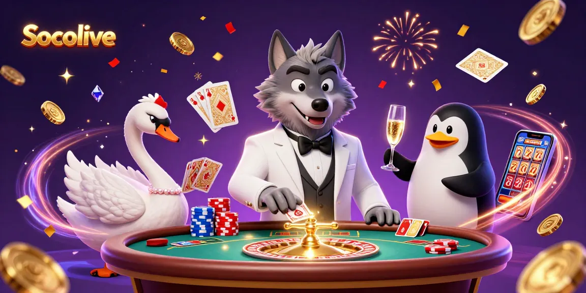 Socolive brings a vibrant 3D gambling scene with a wolf, swan, and penguin at a baccarat table.