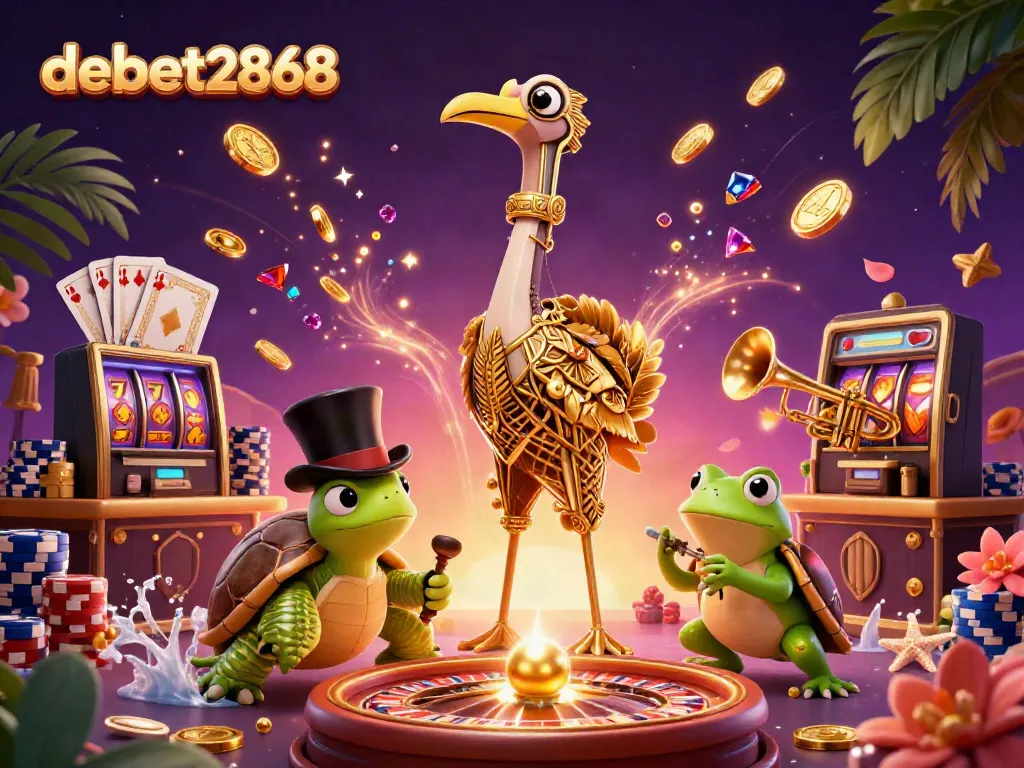 Engage with debet2868's vibrant 3D casino scene featuring characters and dynamic gambling elements.