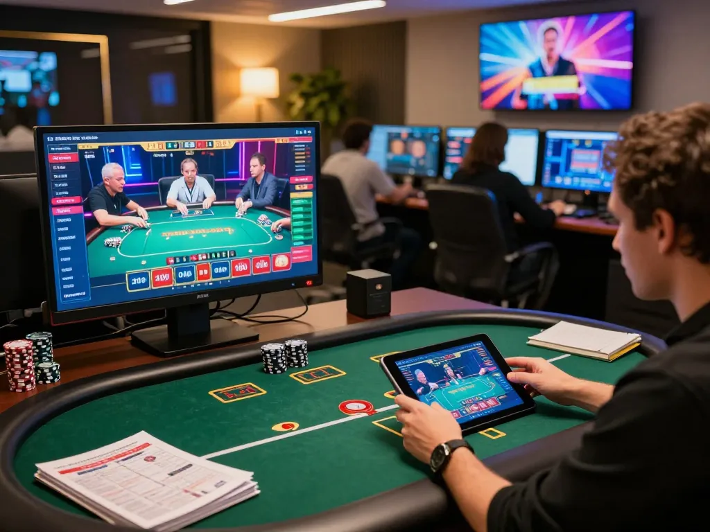 va88 player engaging in online poker strategy on tablet at a modern gaming setup