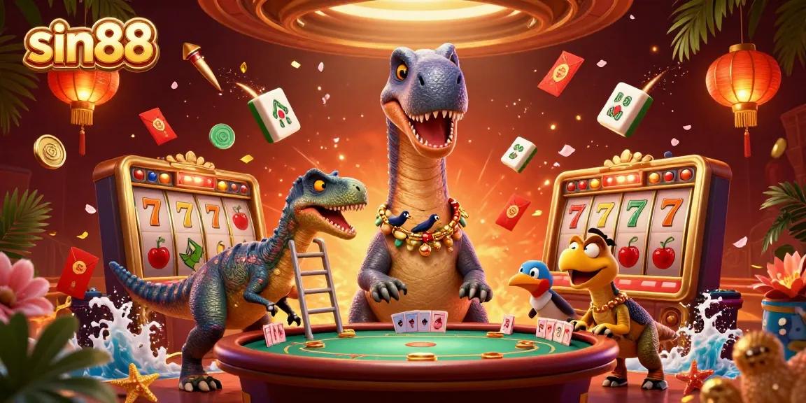 sin88 captivates players with a whimsical 3D casino scene featuring vibrant characters and games.