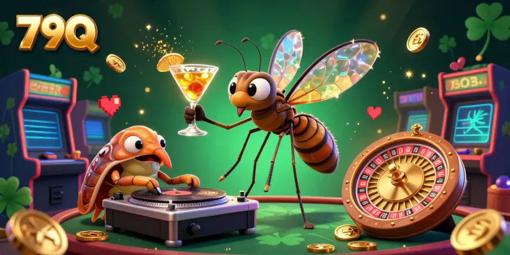 Engage with 79Q's dynamic casino experience featuring playful characters in a vibrant atmosphere.