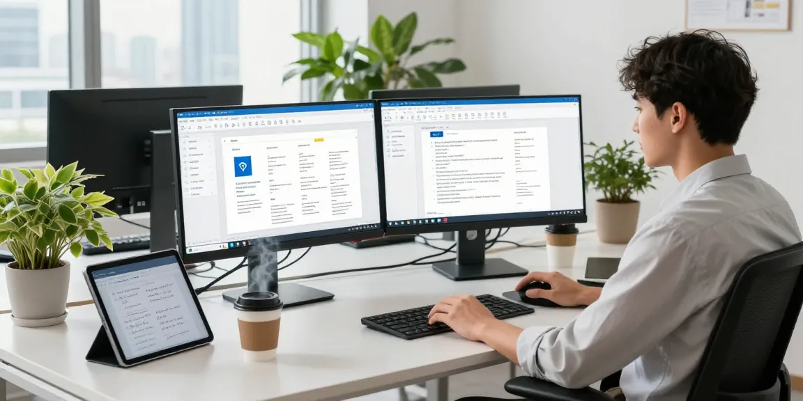 Download WPS Office in a modern workspace with multiple monitors displaying productivity tools.