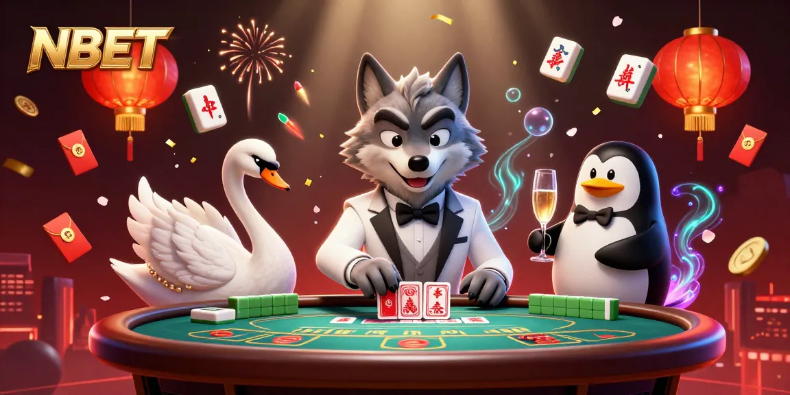 Experience luxurious baccarat with NBET featuring a wolf, swan, and penguin in a vibrant casino scene.