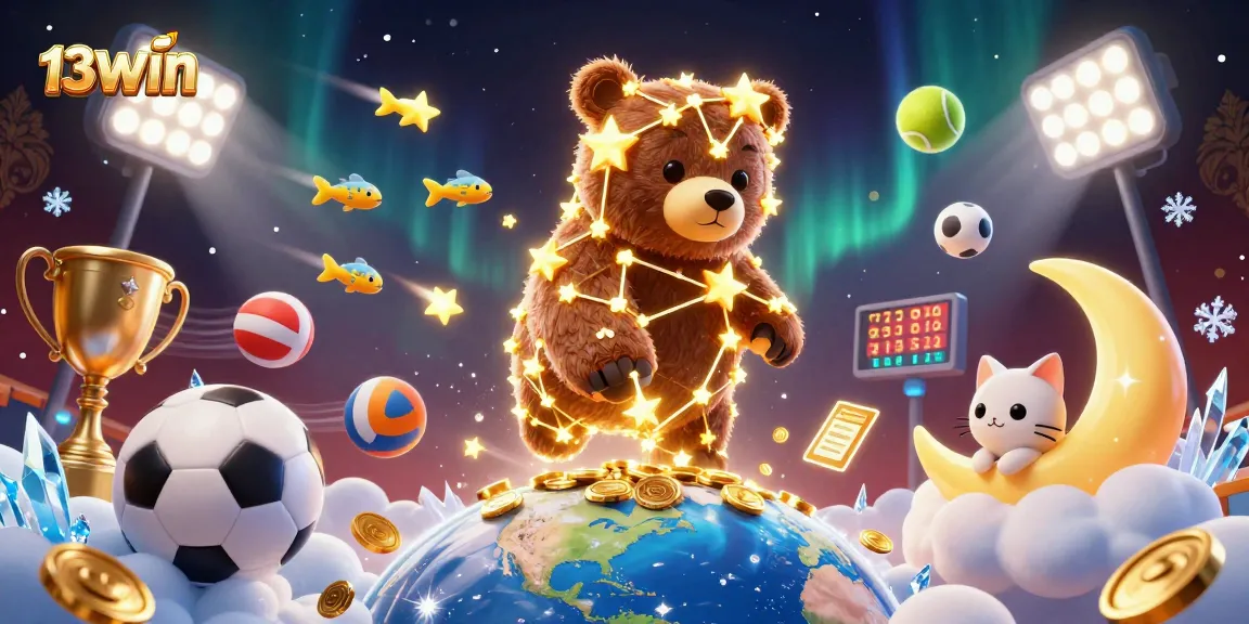 Engage with 13WIN's immersive gambling experience through a dynamic 3D scene filled with sports and casino elements.