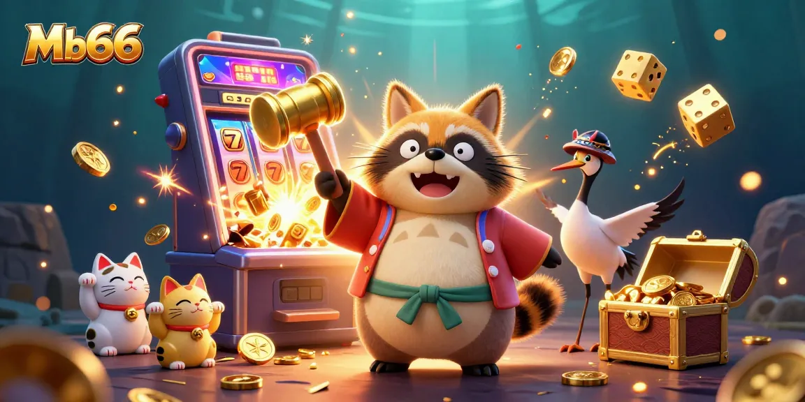 Win big with Mb66 at a lively casino scene featuring cheerful characters and jackpot excitement.