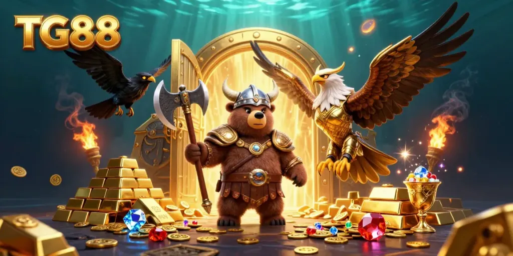 Engage with TG88's vibrant online casino scene featuring a Viking bear and Valkyrie eagle amidst treasures.
