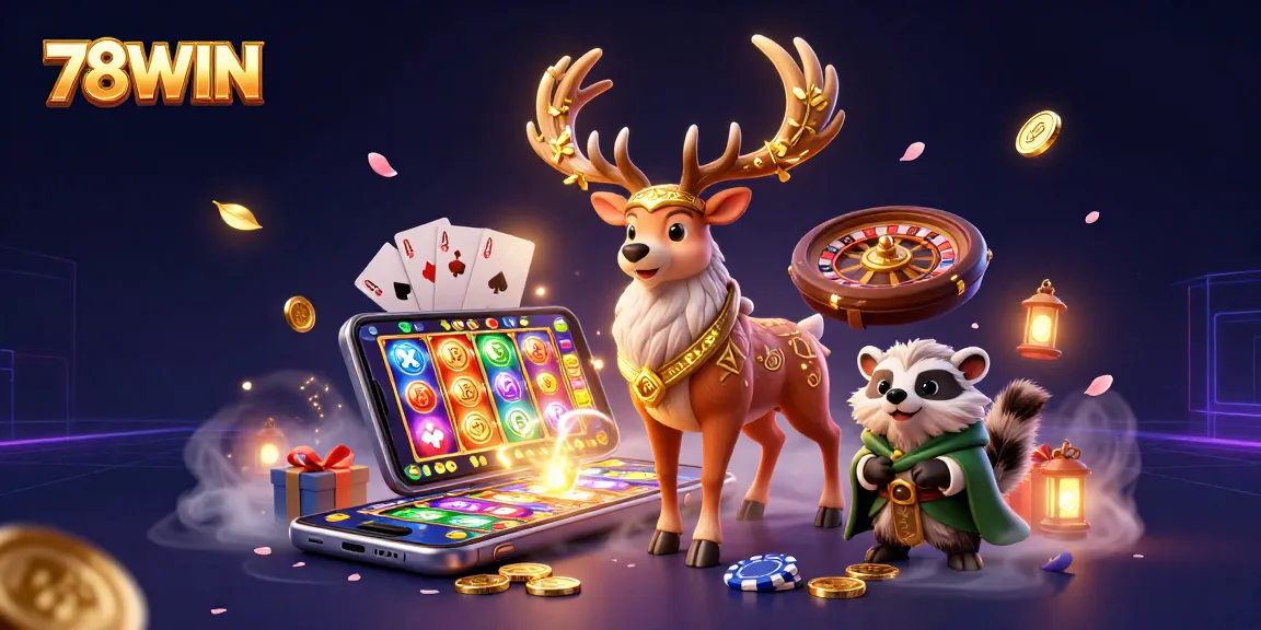 Experience thrilling gaming at 78WIN with dynamic slot reels, glowing coins, and mystical characters.