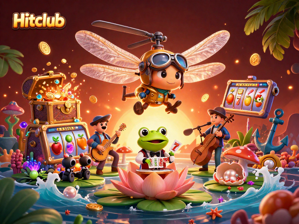 Hitclub casino scene with a dragonfly pilot, frog dealer, and jazz musicians creating excitement