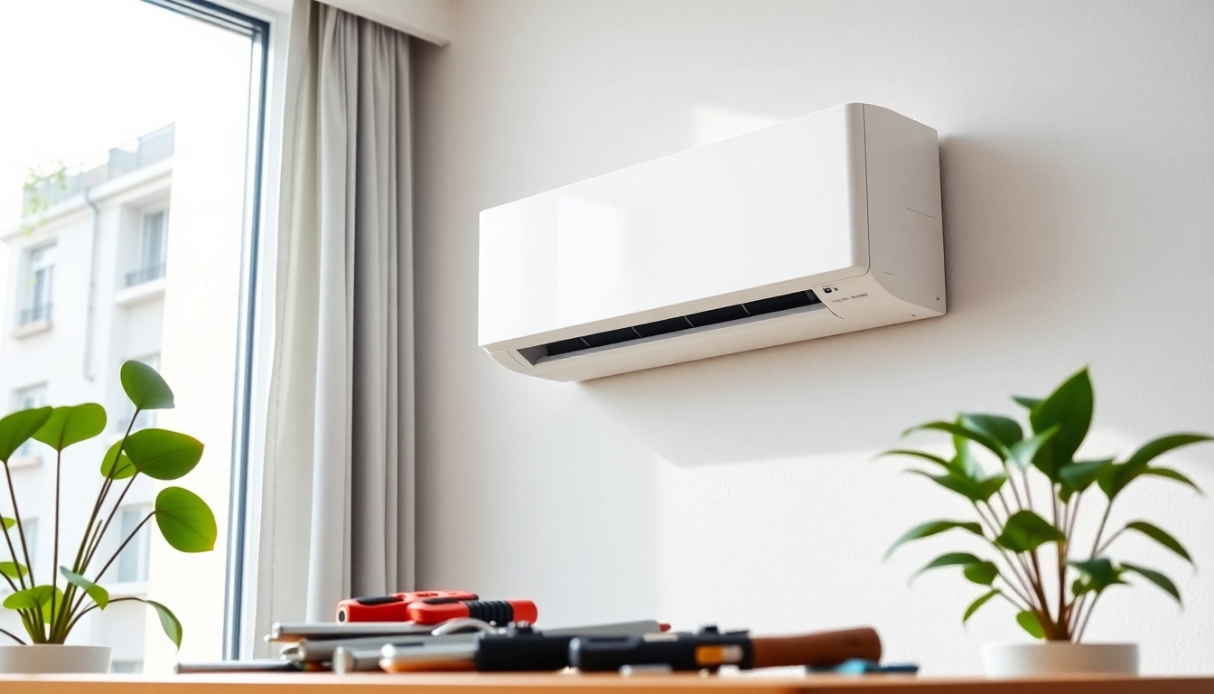 Install a mini split AC system in a modern apartment setting, showcasing its sleek design and functionality.