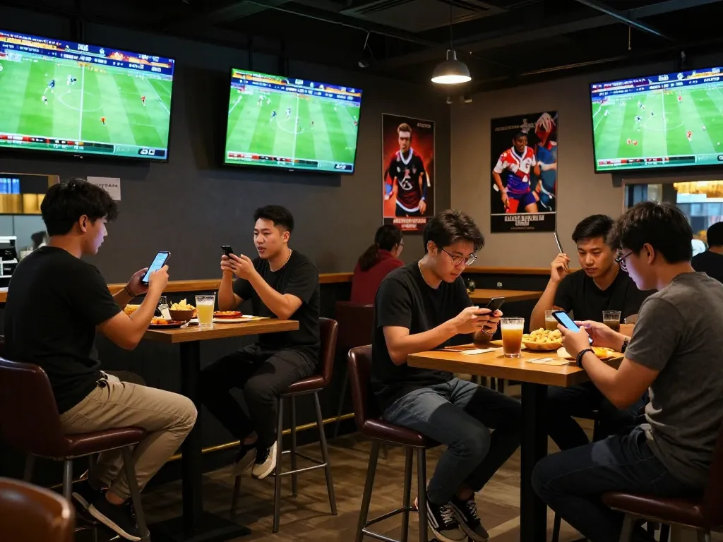 Soi kèo bóng đá excitement in a lively sports bar with patrons engaged in betting discussions