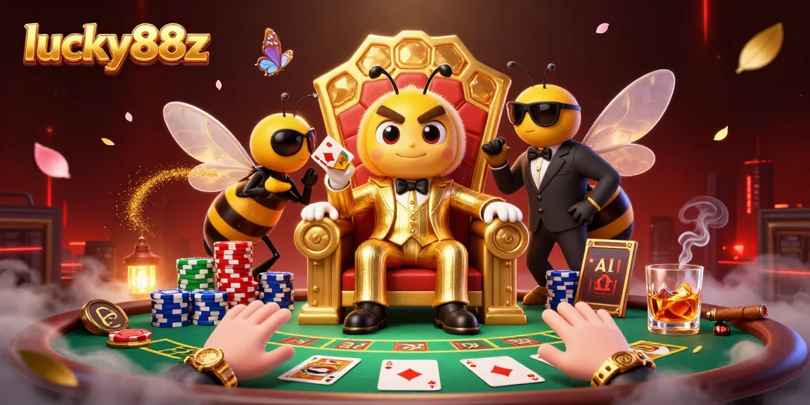 Engage in thrilling poker with lucky88z, featuring animated bumblebee casino icons and vibrant game elements.