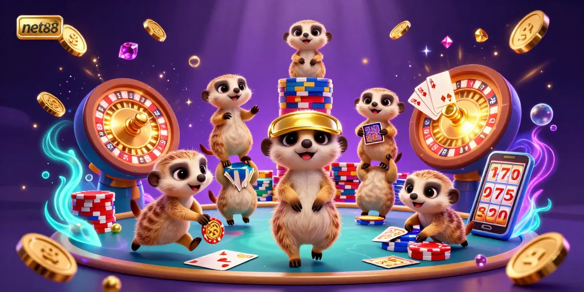 Watch the meerkats at net88 run their vibrant casino with chips, cards, and golden coins!