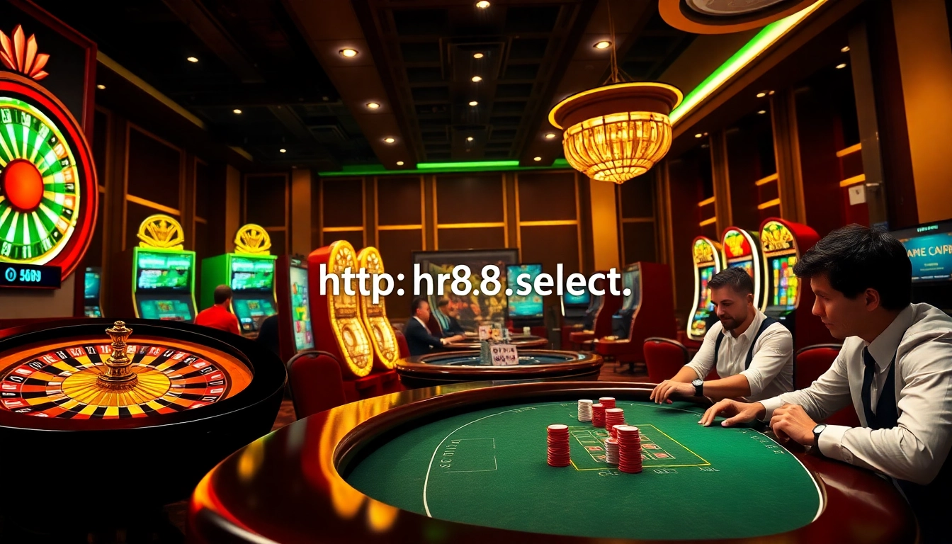 Engage in exciting games at https://rr88.select/ with vibrant casino elements like roulette wheels and slot machines.