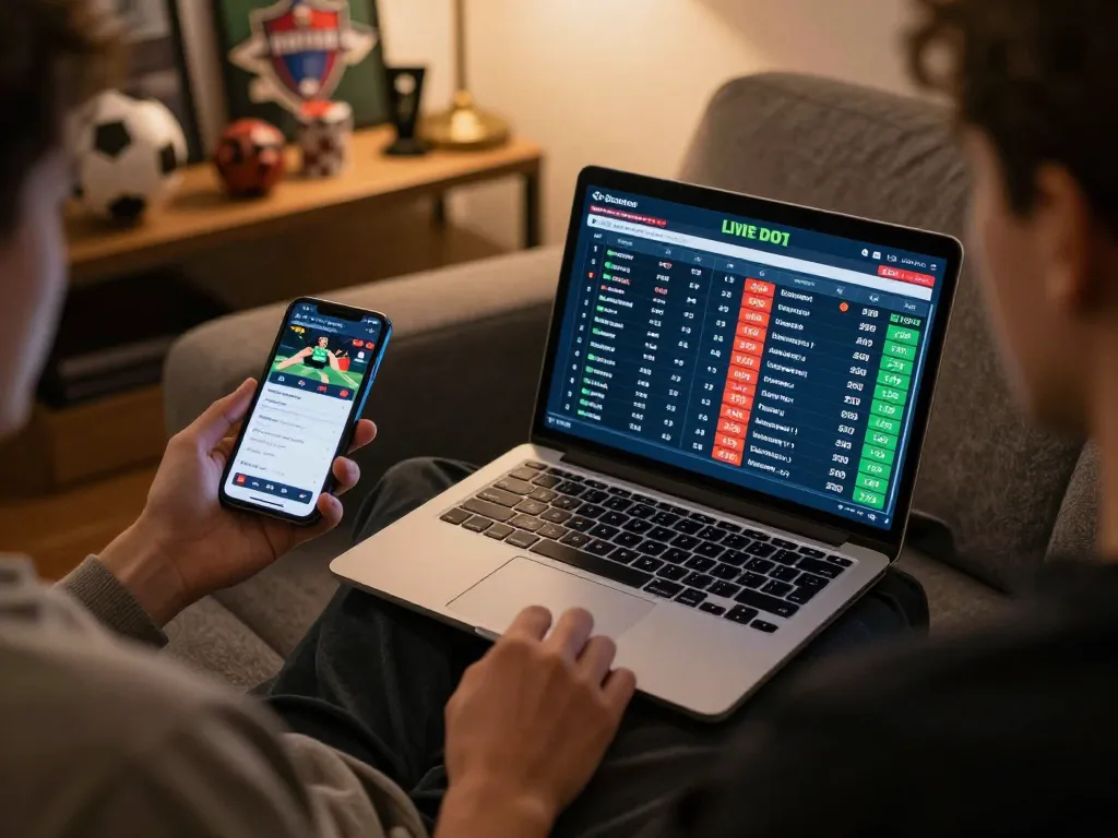 Kèo nhà cái hôm nay featured as someone places a bet using a laptop and smartphone in a home setting.